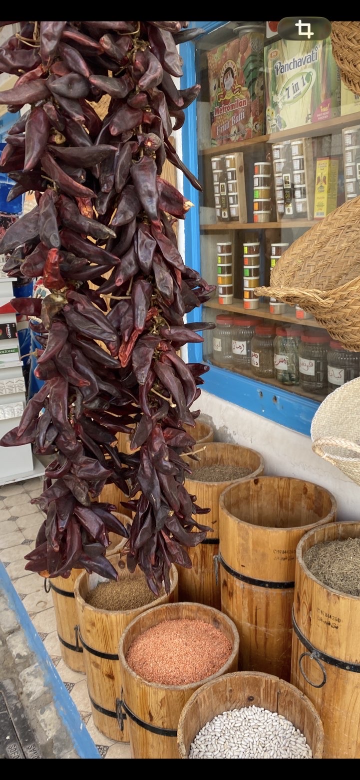 Spice market with dried chillies in Djerba
